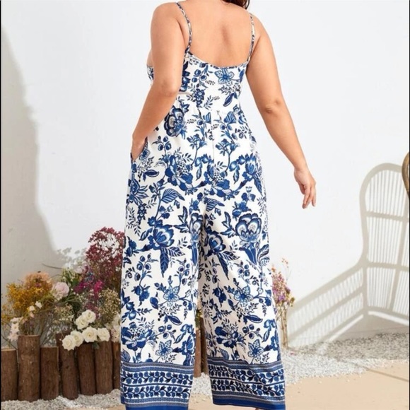 Bohemian Boho Plus Size Floral Paisley Pockets Wide Leg Pants Jumpsuit - Picture 9 of 11